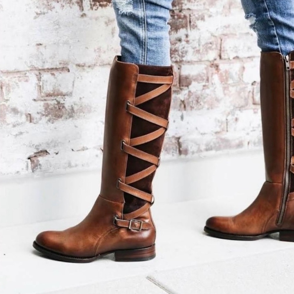 Frye Jordan Strappy Tall chocolate Brown Leather Riding Knee High Boots Size 9.5